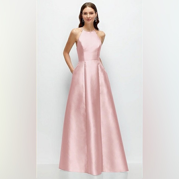 NWT Alfred Sung Halter A-Line Satin Maxi Dress, Ballet Pink, Pockets, Size 0R - Picture 2 of 13